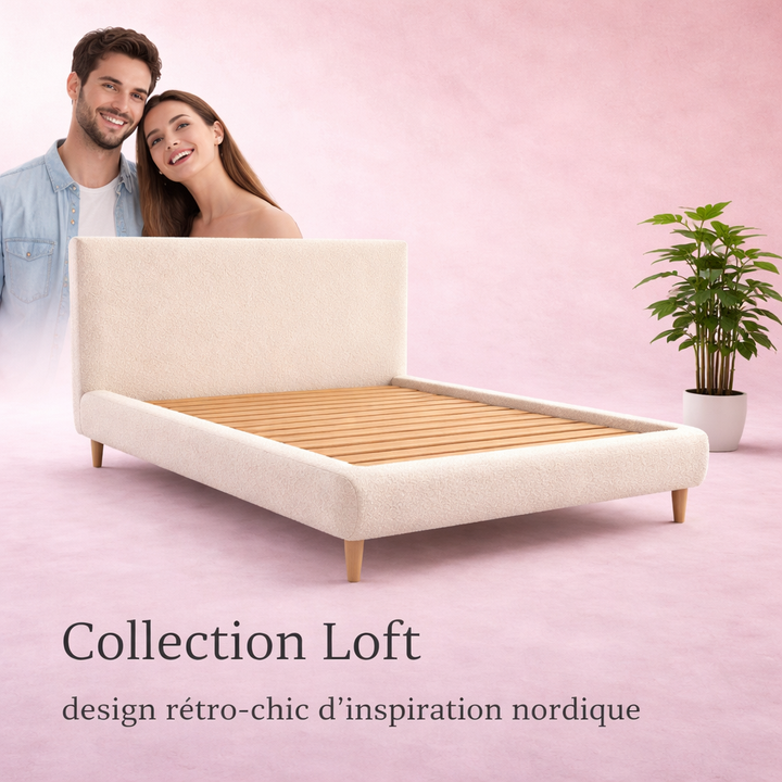 Loft - Lit avec tête de lit design nordique en tissu bouclette Sable