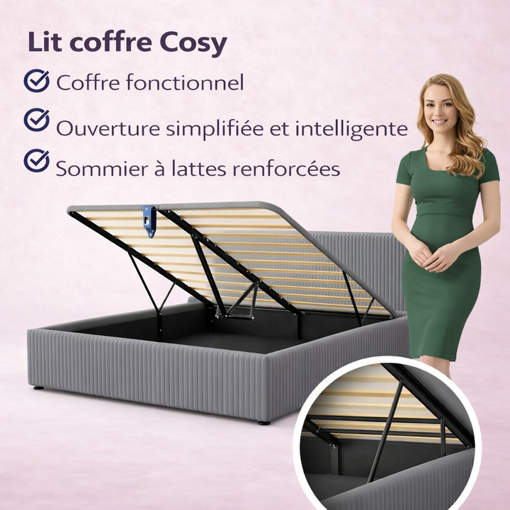 Loft - Lit coffre avec tête de lit et grand coffre Velours côtelé Gris