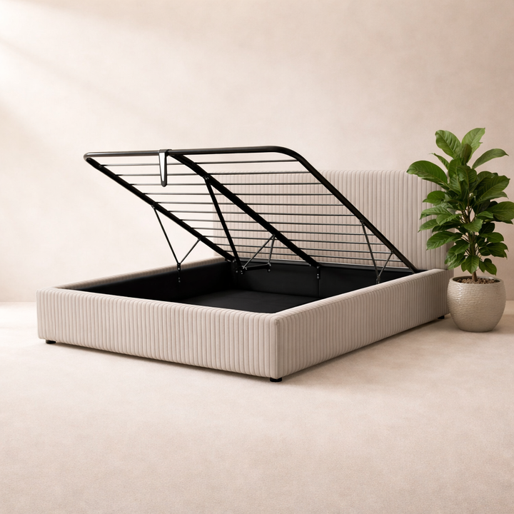 Loft - Lit coffre avec tête de lit et grand coffre Velours côtelé Gris