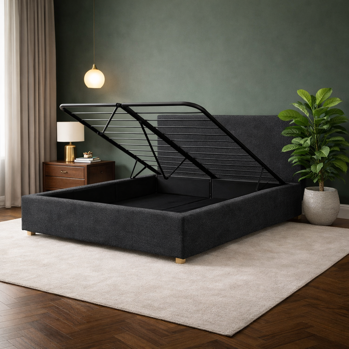 Loft - Lit coffre avec tête de lit et grand coffre Tissu Gris foncé