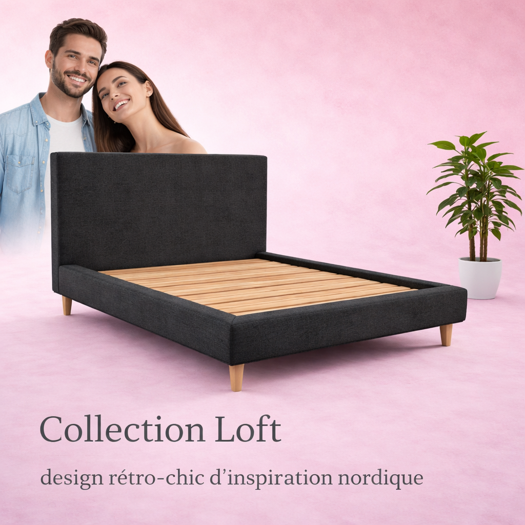 Loft - Lit avec tête de lit design nordique en tissu Gris foncé