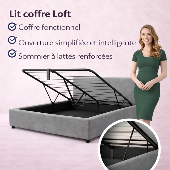 Loft - Lit coffre avec tête de lit et grand coffre simili cuir Gris