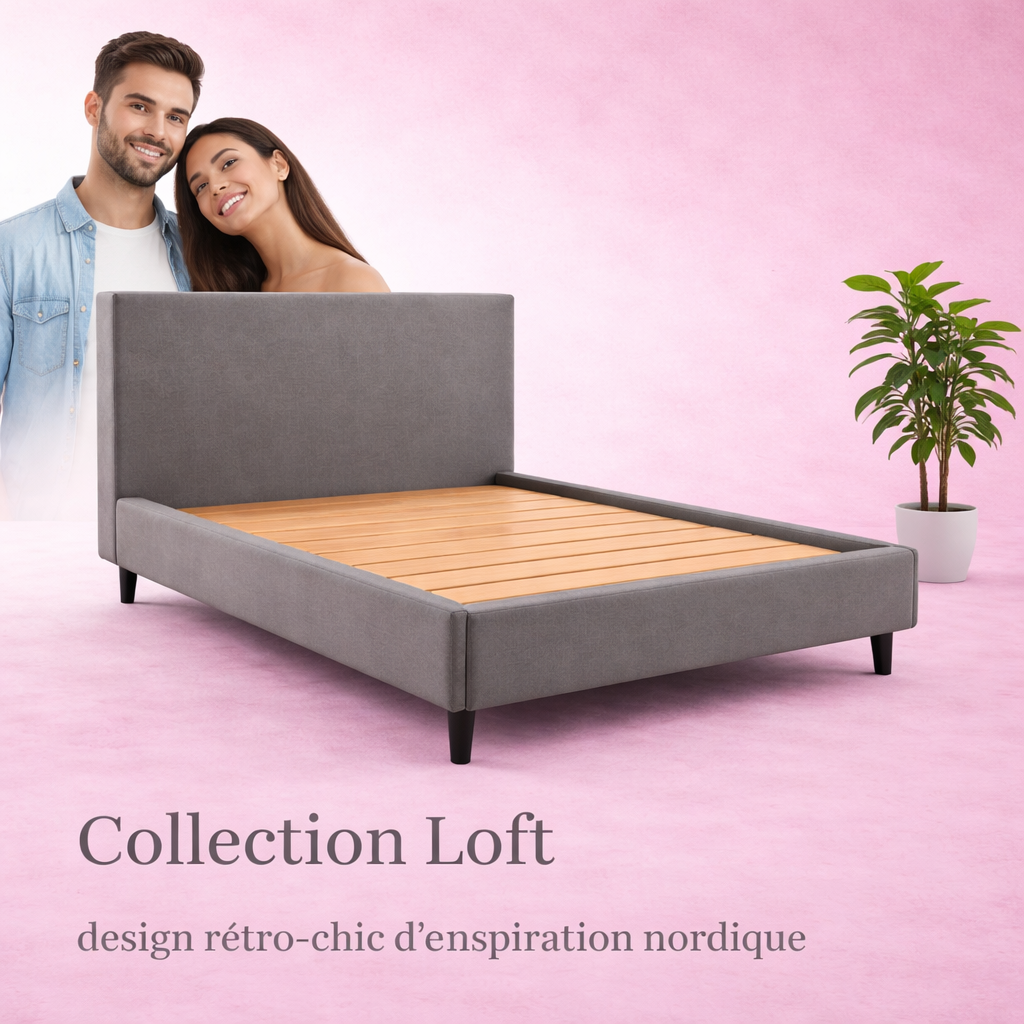 Loft - Lit avec tête de lit design nordique en simili cuir Gris