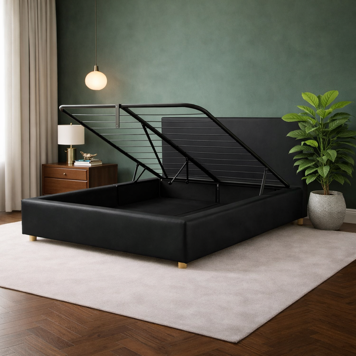 Loft - Lit coffre avec tête de lit et grand coffre simili cuir Noir