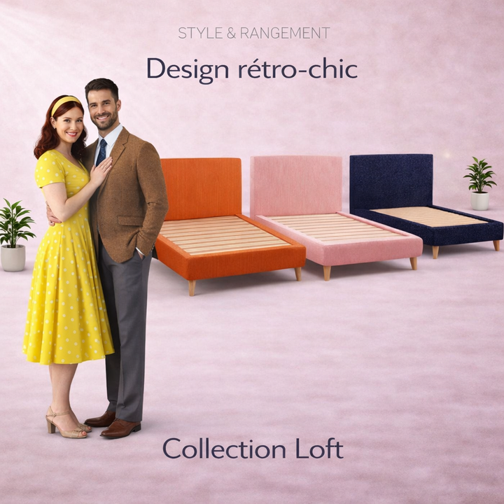 Loft - Lit avec tête de lit design nordique en tissu Gris foncé