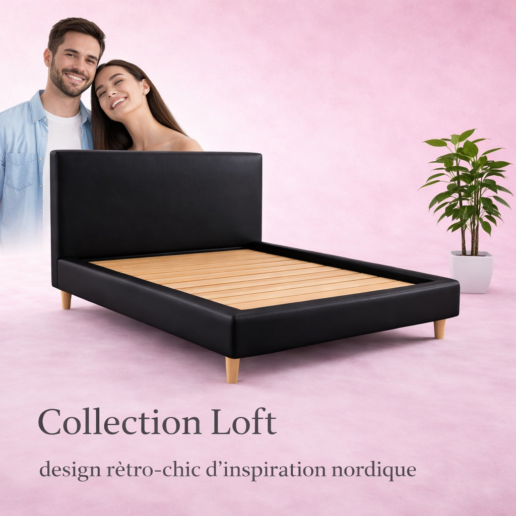 Loft - Lit avec tête de lit design nordique en simili cuir Noir