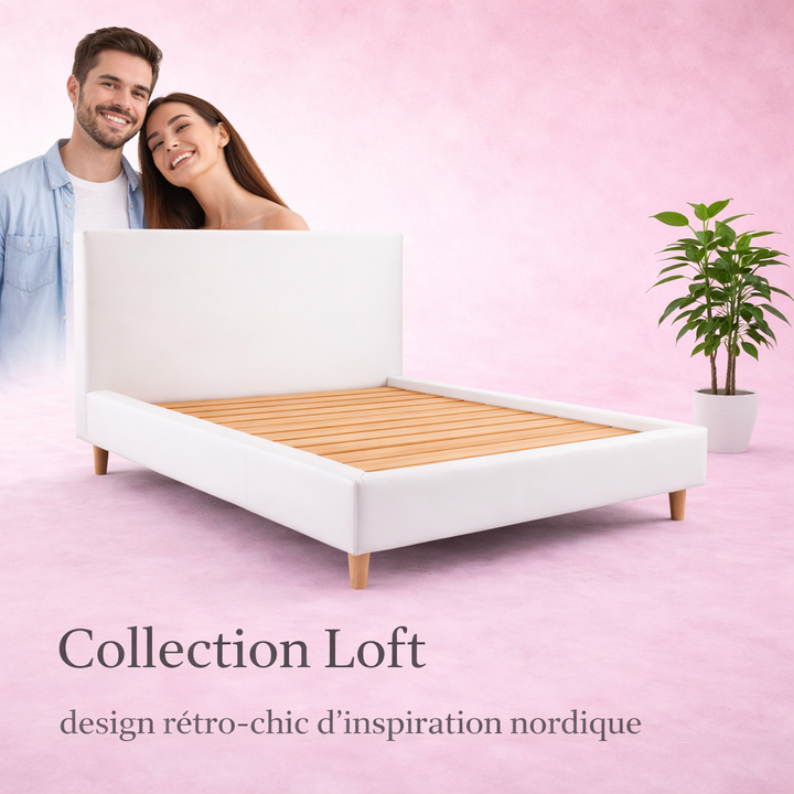 Loft - Lit avec tête de lit design nordique en simili cuir Blanc