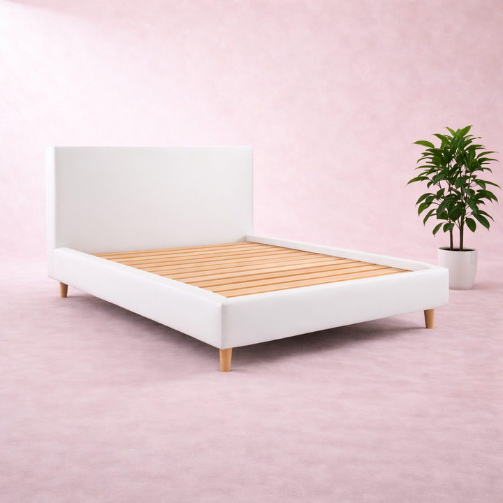 Loft - Lit avec tête de lit design nordique en simili cuir Blanc