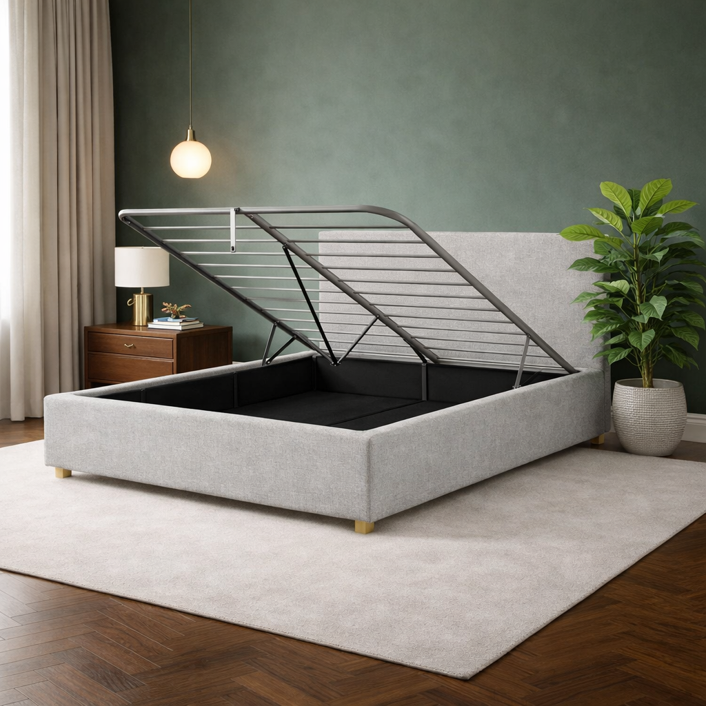 Loft - Lit coffre avec tête de lit et grand coffre Tissu Gris clair