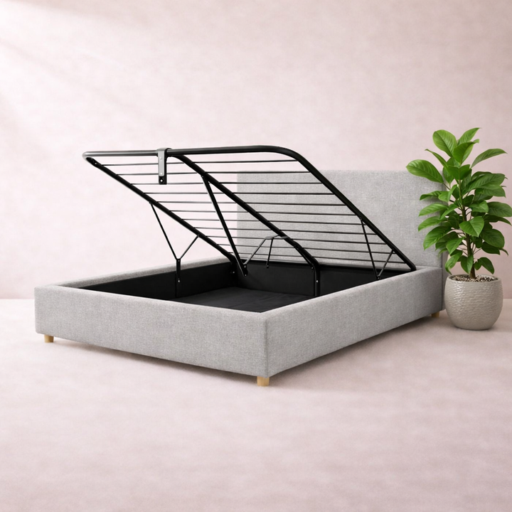 Loft - Lit coffre avec tête de lit et grand coffre Tissu Gris clair