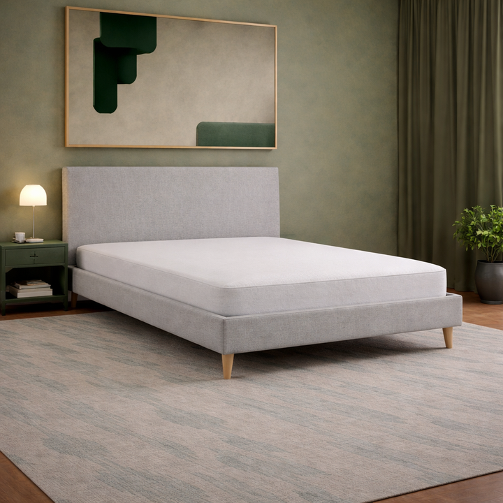 Loft - Lit avec tête de lit design nordique en tissu Gris clair