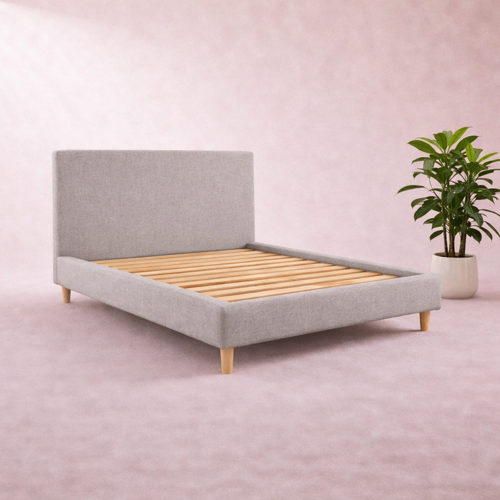 Loft - Lit avec tête de lit design nordique en tissu Gris clair