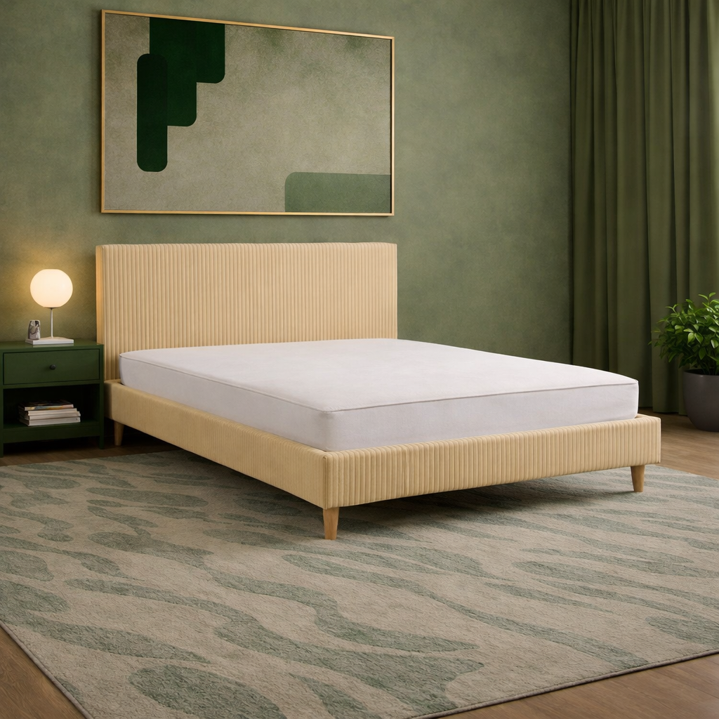 Loft - Lit avec tête de lit design nordique en velours côtelé Beige