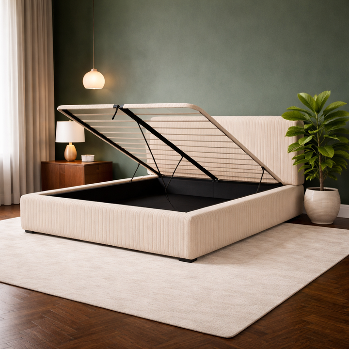 Loft - Lit coffre avec tête de lit et grand coffre Velours côtelé Beige