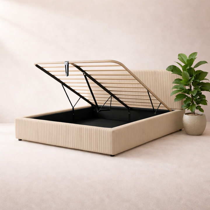 Loft - Lit coffre avec tête de lit et grand coffre Velours côtelé Beige