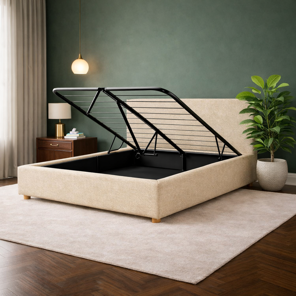 Loft - Lit coffre avec tête de lit et grand coffre Tissu bouclette Sable