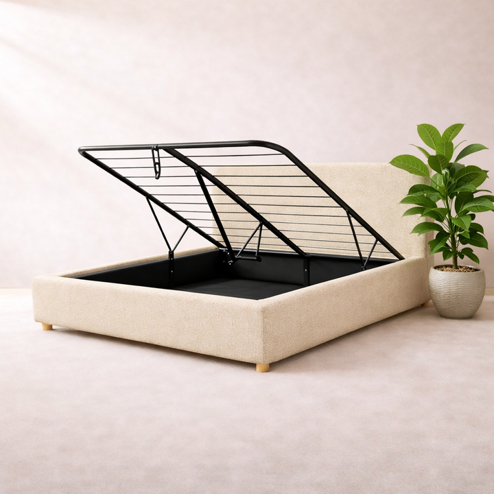 Loft - Lit coffre avec tête de lit et grand coffre Tissu bouclette Sable