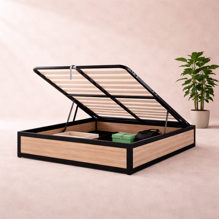 Factory - Lit coffre style industriel sans tête de lit Bois clair