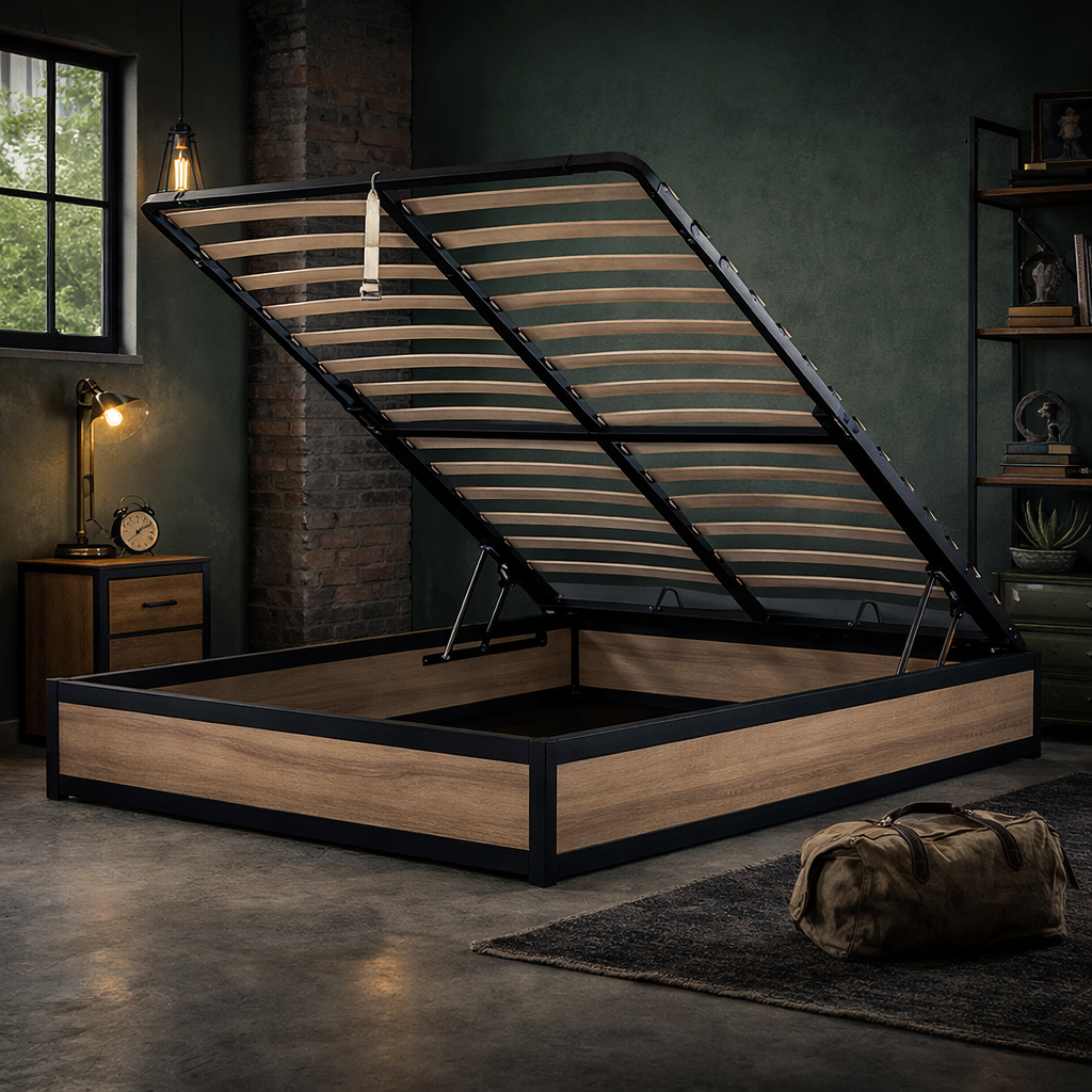 Factory - Lit coffre style industriel sans tête de lit Bois clair