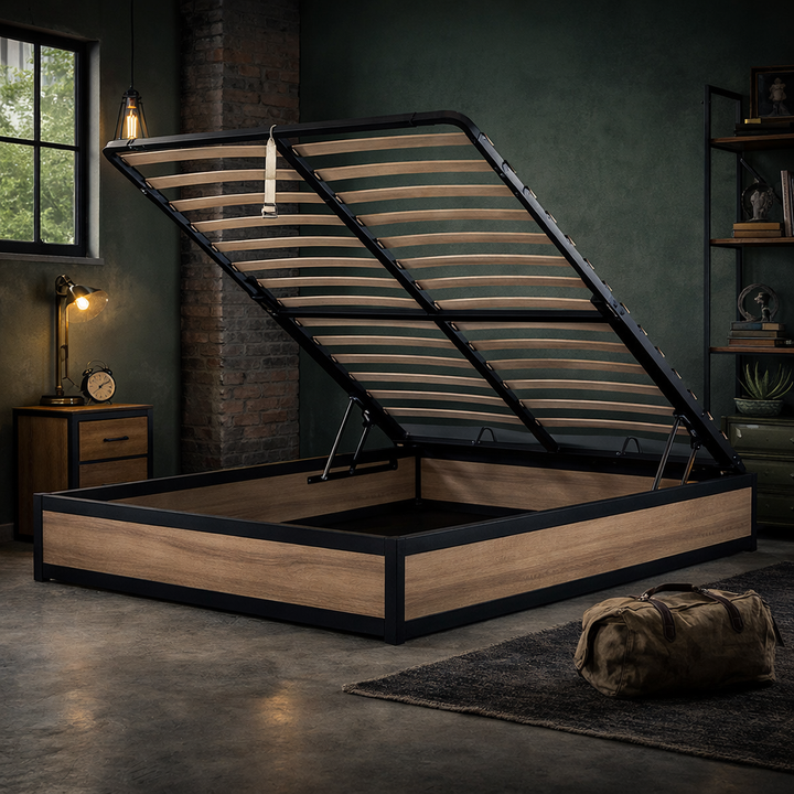 Factory - Lit coffre style industriel sans tête de lit Bois clair