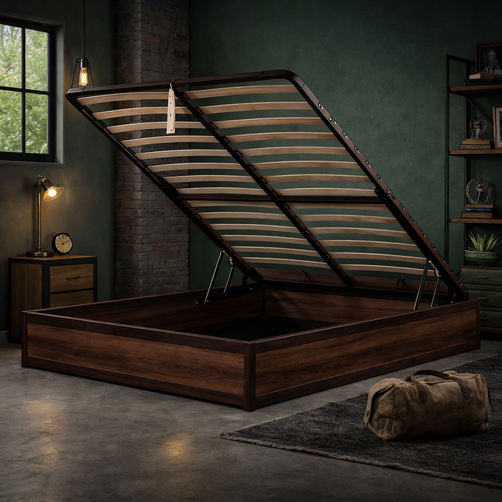 Factory - Lit coffre style industriel sans tête de lit Bois foncé