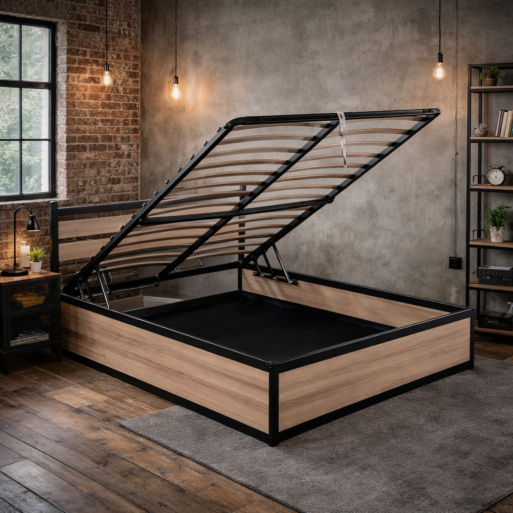 Factory - Lit coffre style industriel avec tête de lit Bois clair