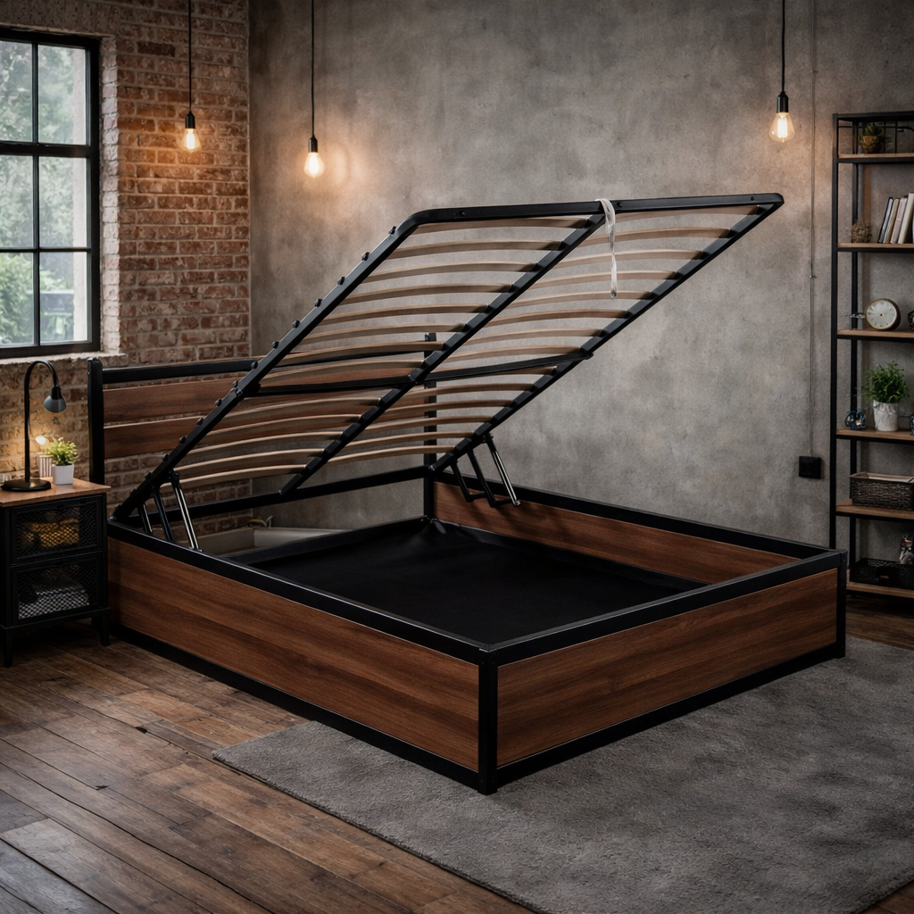Factory - Lit coffre style industriel avec tête de lit Bois foncé