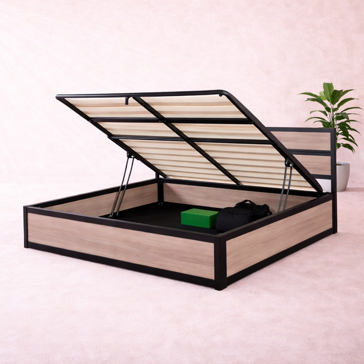 Factory - Lit coffre style industriel avec tête de lit Bois clair