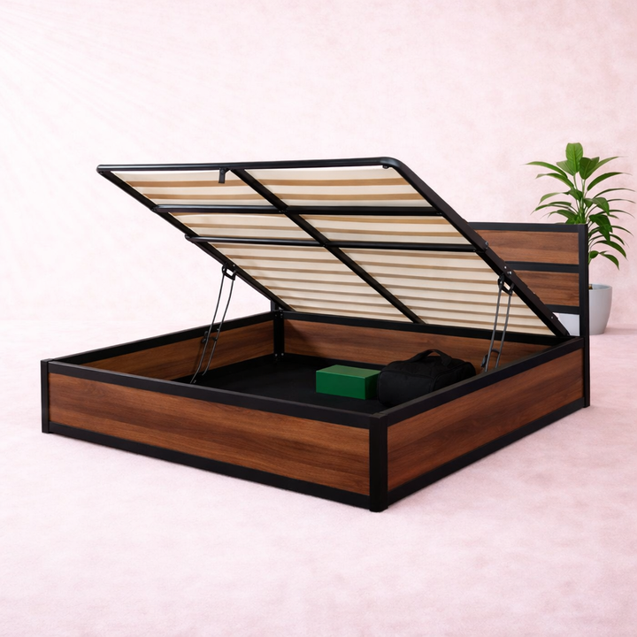 Factory - Lit coffre style industriel avec tête de lit Bois foncé