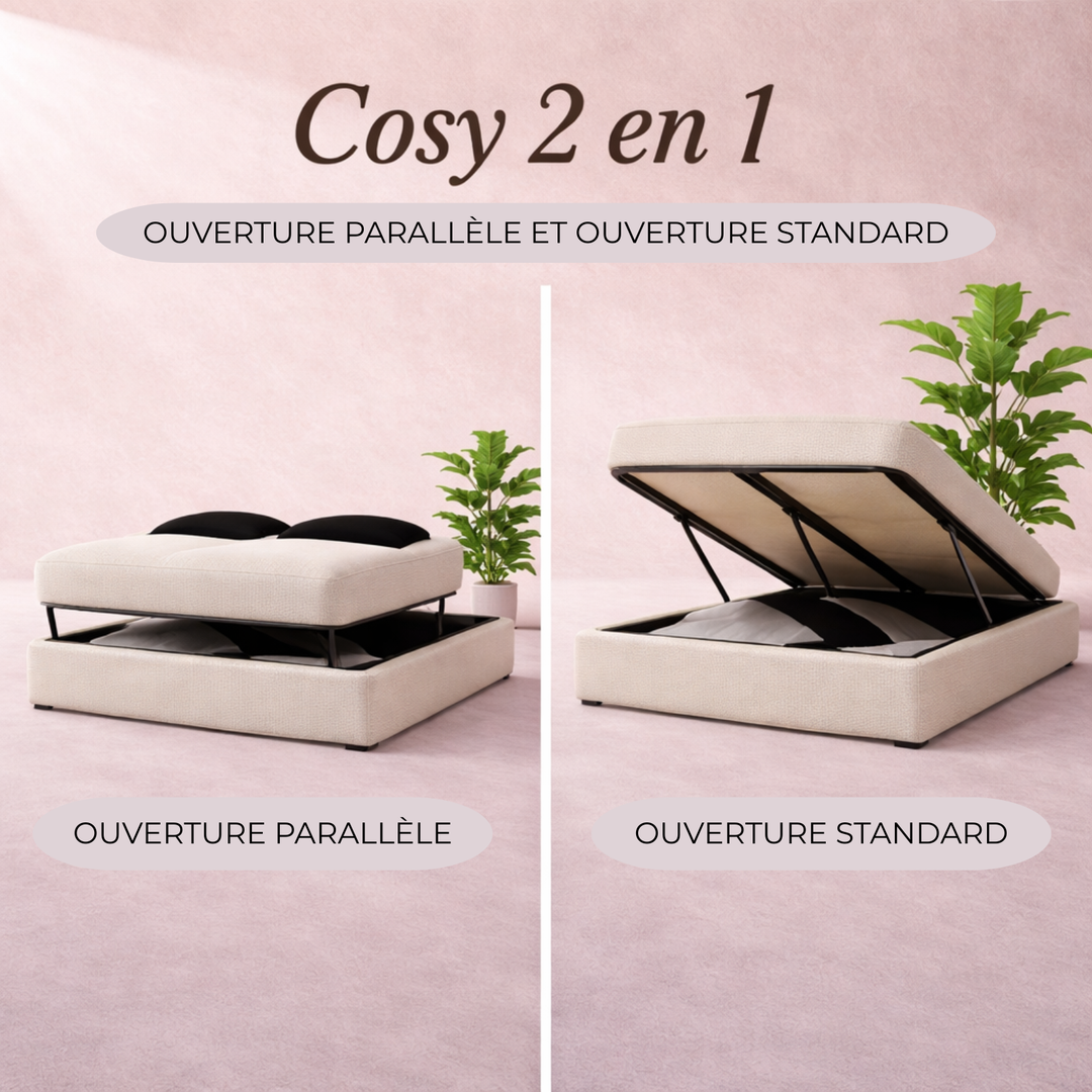 Cosy - Lit coffre innovant et cadre de lit en bouclette Sable