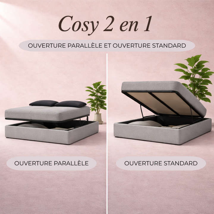 Cosy - Lit coffre innovant et cadre de lit en bouclette Gris