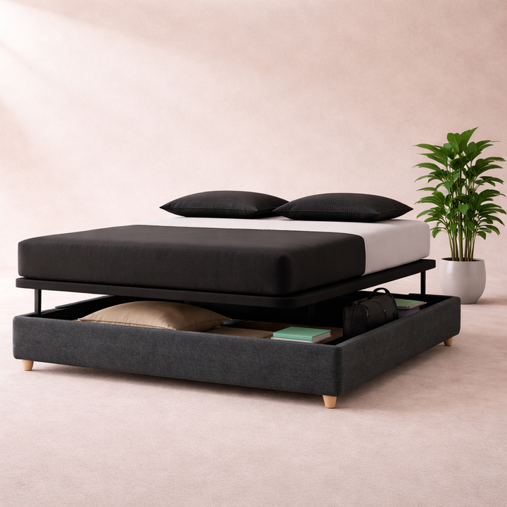 Cosy - Lit coffre innovant et cadre de lit en tissu Gris foncé