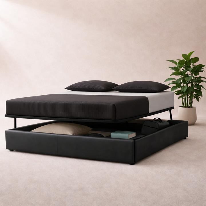 Cosy - Lit coffre innovant et cadre de lit en simili cuir Noir