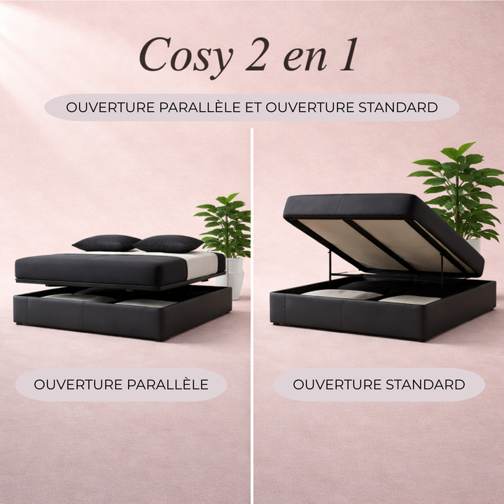 Cosy - Lit coffre innovant et cadre de lit en simili cuir Noir