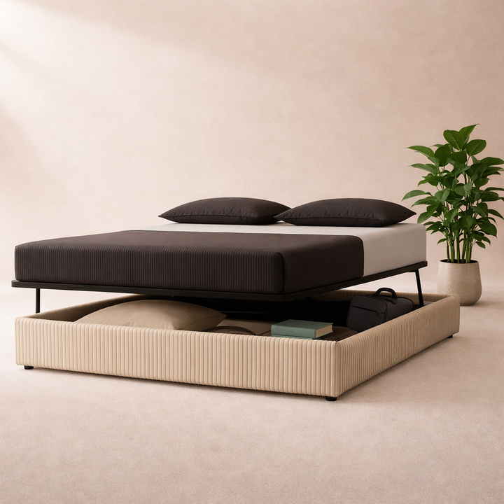 Cosy - Lit coffre innovant et cadre de lit en velours côtelé Sable