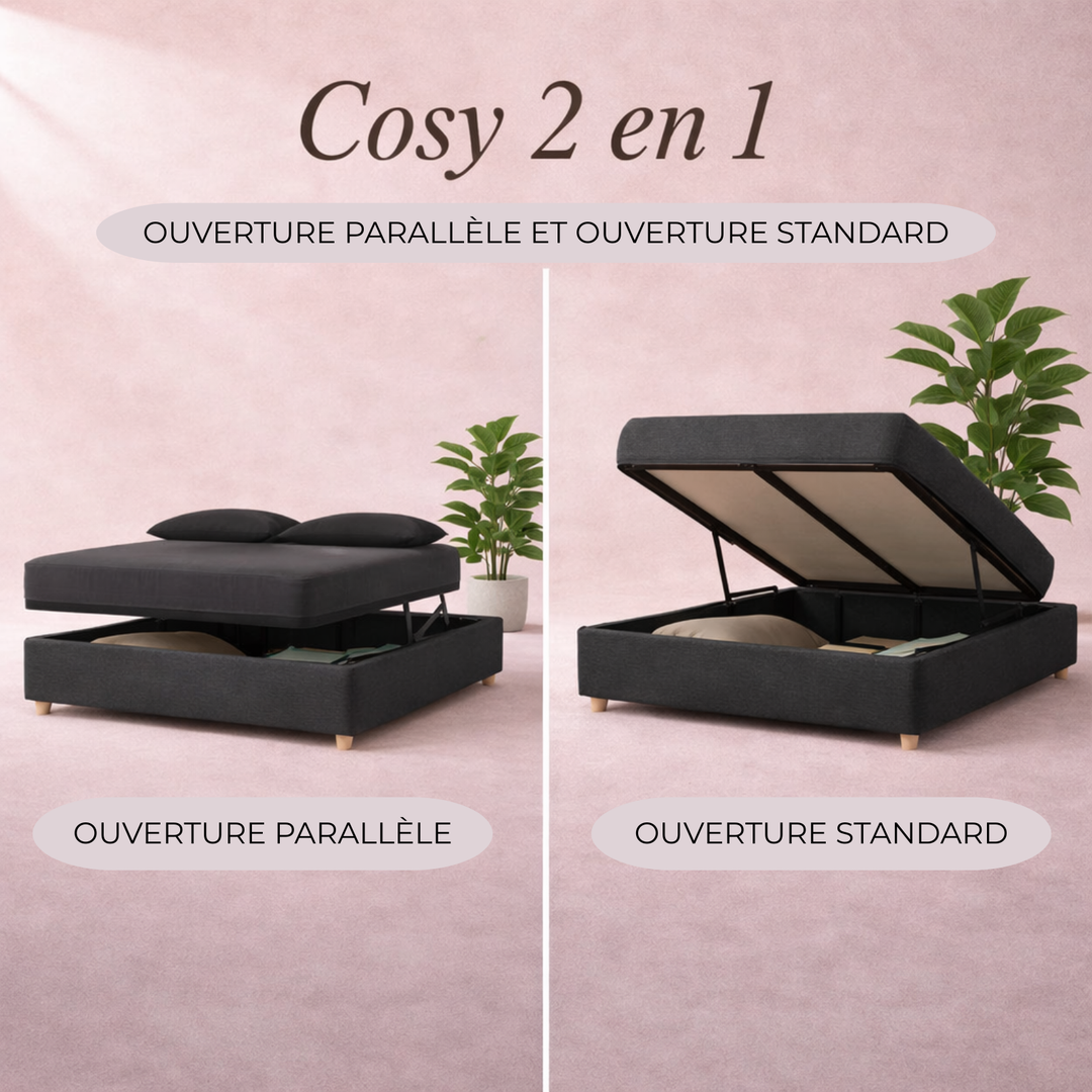Cosy - Lit coffre innovant et cadre de lit en tissu Gris foncé