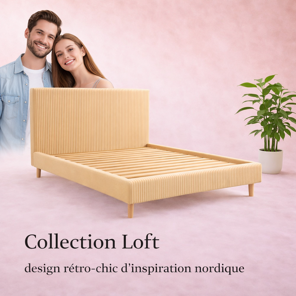 Loft - Lit avec tête de lit design nordique en velours côtelé Beige