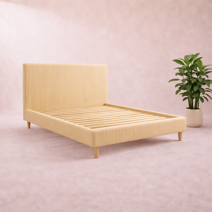 Loft - Lit avec tête de lit design nordique en velours côtelé Beige