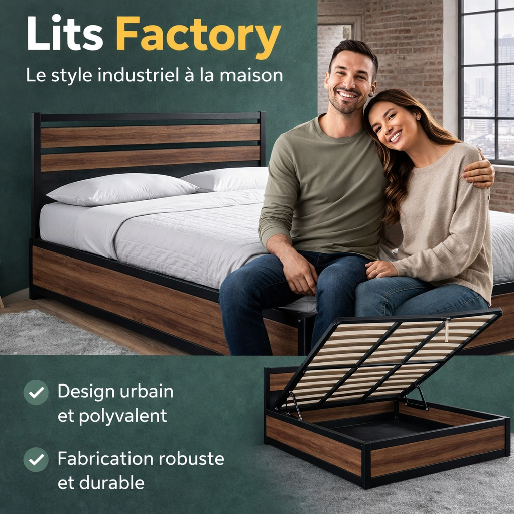 Factory - Lit coffre style industriel avec tête de lit Bois foncé