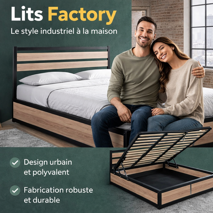 Factory - Lit coffre style industriel avec tête de lit Bois clair