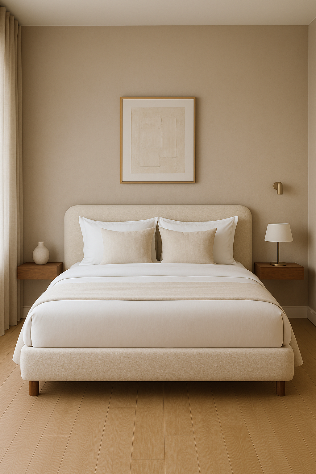 Même chambre équipée d’un lit et matelas Recabedding, rendu photoréaliste haut de gamme