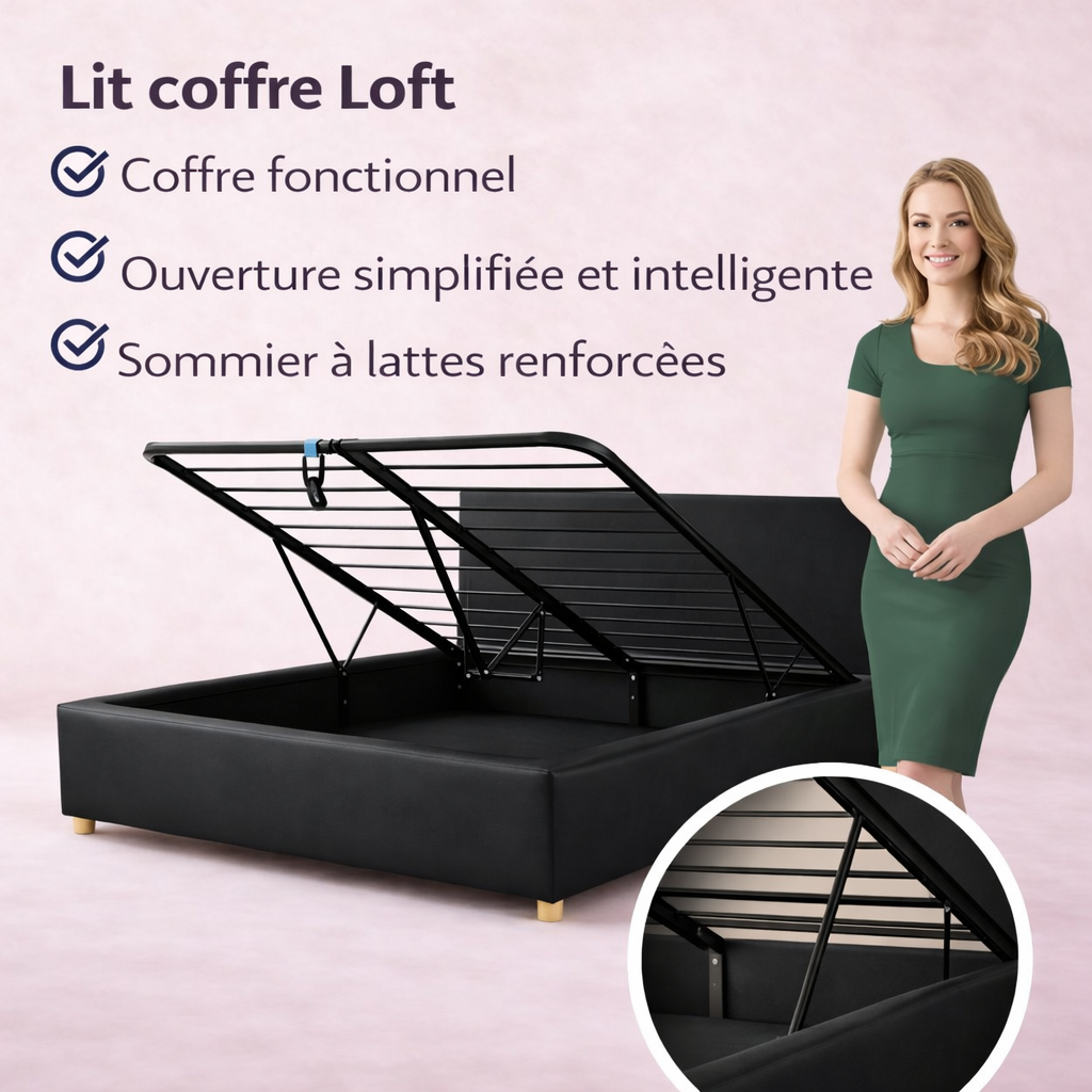 Loft - Lit coffre avec tête de lit et grand coffre Tissu Gris foncé