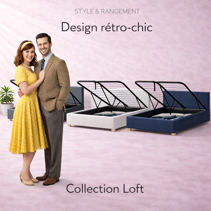 Loft - Lit coffre avec tête de lit et grand coffre Tissu Gris foncé