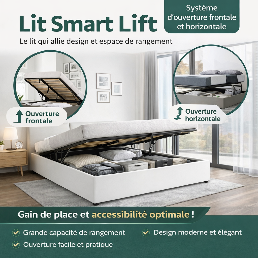 SmartLift - Lit coffre à ouverture horizontale et frontale Tissu