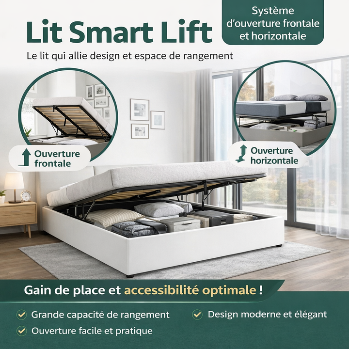 SmartLift - Lit coffre à ouverture horizontale et frontale Tissu