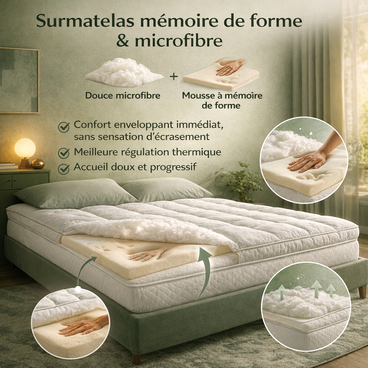 Bamboo+ - Surmatelas mémoire de forme et microfibre antidouleurs dorsales