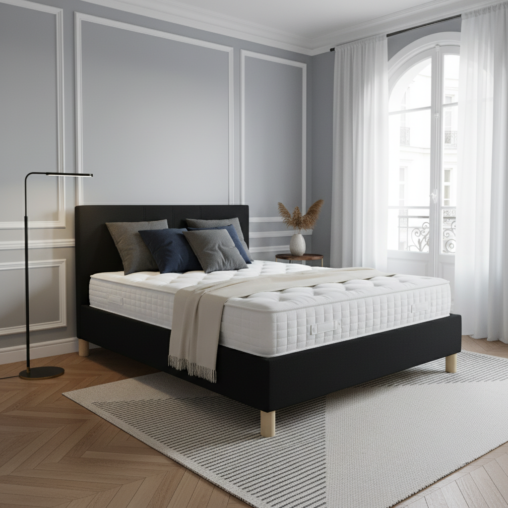 Loft - Lit tissu avec tête de lit design nordique et élégance intemporelle