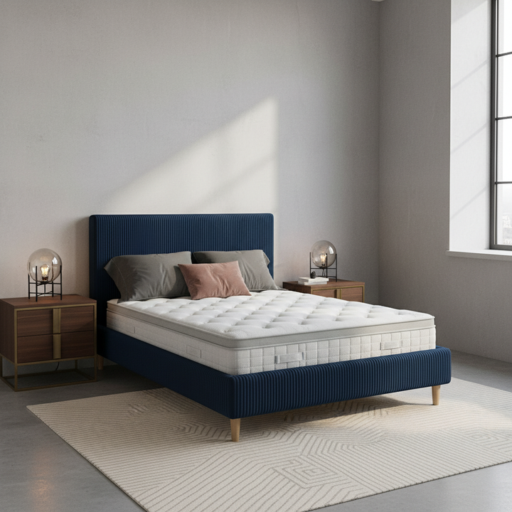 Loft - Lit velours côtelé avec tête de lit design nordique et élégance intemporelle