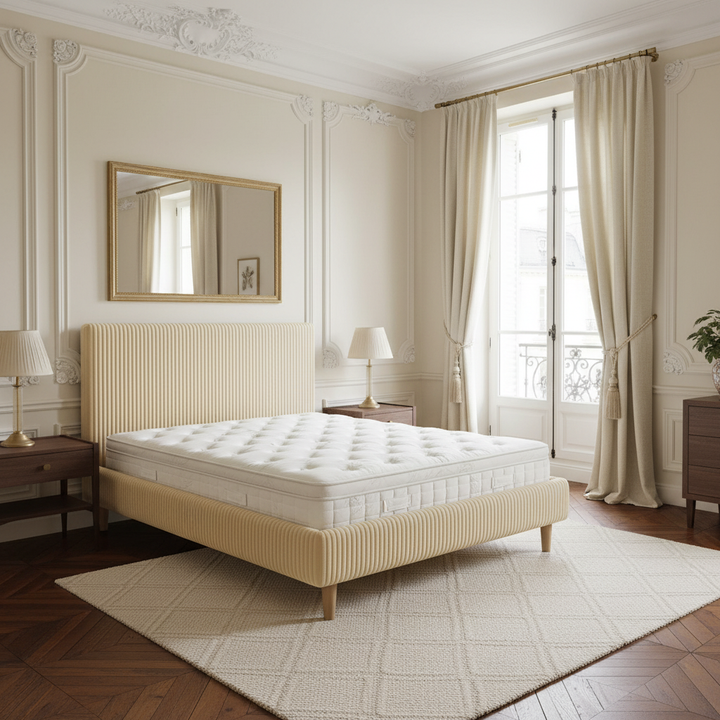 Loft - Lit velours côtelé avec tête de lit design nordique et élégance intemporelle